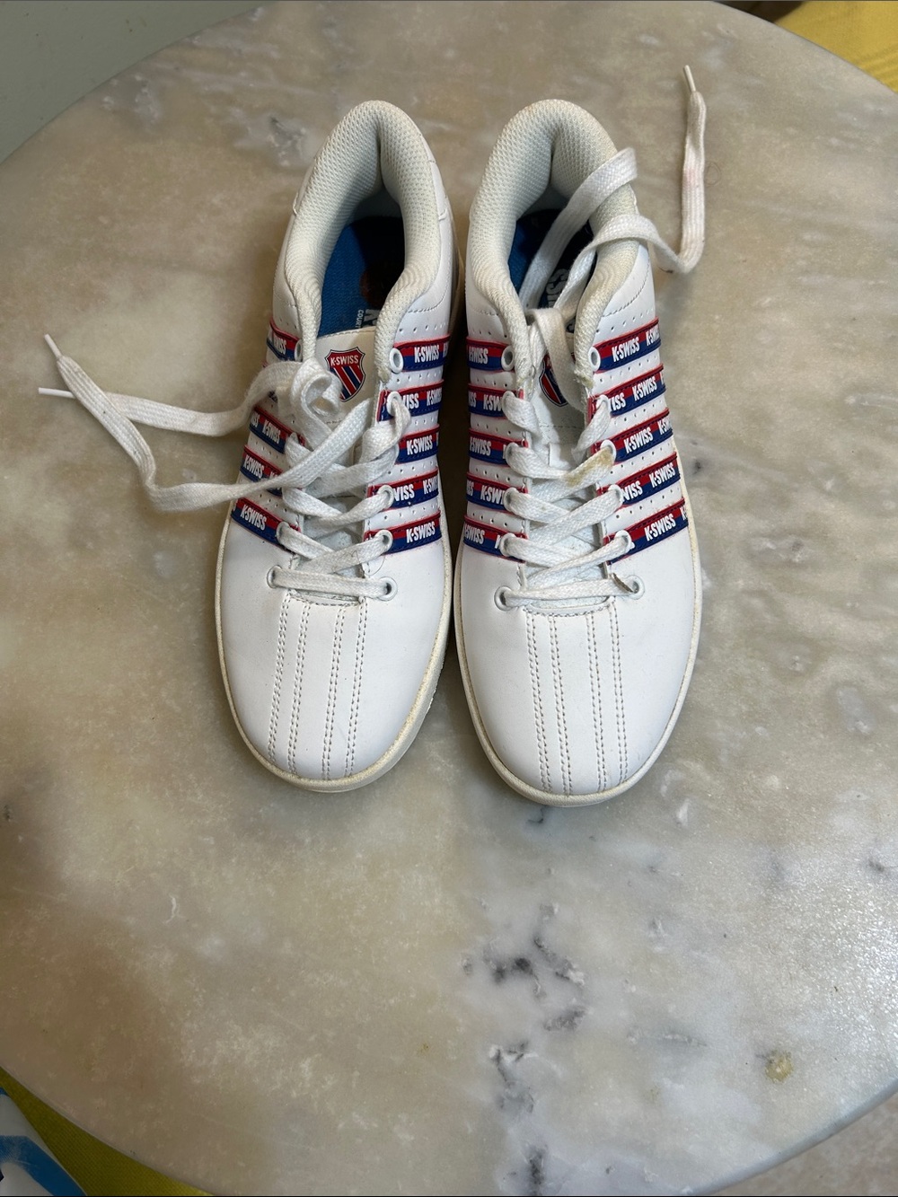 K-Swiss White Sneakers with Red & Blue Logo Stripes